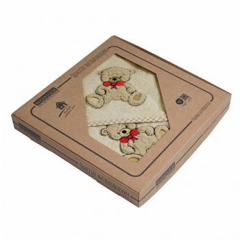 Baby Kapuzen-Badetuch und Waschhandschuh  mit Teddy II- Applikation im Geschenkkarton